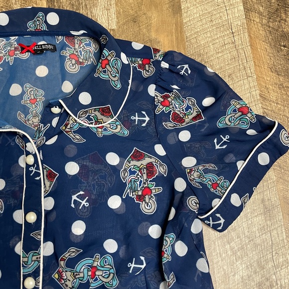 Hell Bunny Oceana Nautical Sailor blouse polka dot anchor print Size small - Picture 5 of 10